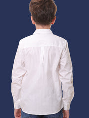 Boys Full Sleeves 100% Cotton White Self Stripe Shirt - Adaptable for All Events