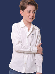 Boys Full Sleeves 100% Cotton White Self Stripe Shirt - Adaptable for All Events