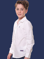 Boys Full Sleeves 100% Cotton White Self Stripe Shirt - Adaptable for All Events