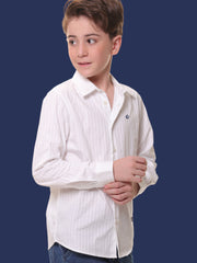 Boys Full Sleeves 100% Cotton White Self Stripe Shirt - Adaptable for All Events