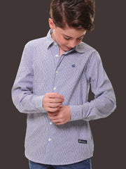 Boys Full Sleeves Stretchable Cotton Blue Pin Stripe Dot Print Shirt - for All Events