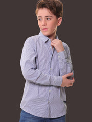 Boys Full Sleeves Stretchable Cotton Blue Pin Stripe Dot Print Shirt - for All Events