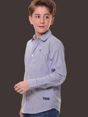 Boys Full Sleeves Stretchable Cotton Blue Pin Stripe Dot Print Shirt - for All Events