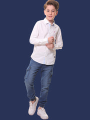 Boys Full Sleeves 100% Cotton Oxford Weave White Shirt with Back Print – Perfect for Casual Wear and Outings