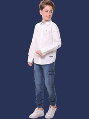 Boys Full Sleeves 100% Cotton Oxford Weave White Shirt with Back Print – Perfect for Casual Wear and Outings