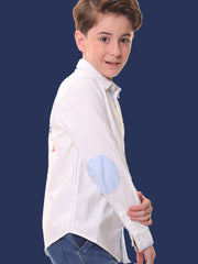 Boys Full Sleeves 100% Cotton Oxford Weave White Shirt with Back Print – Perfect for Casual Wear and Outings