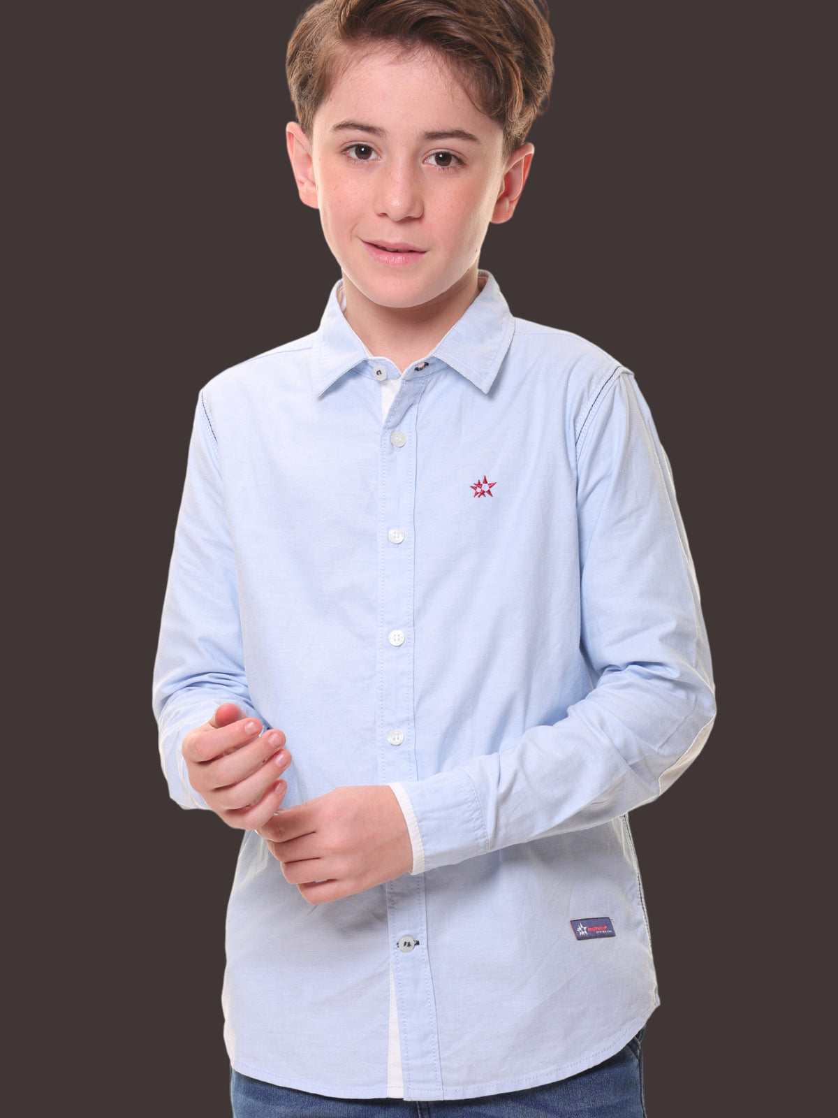 Boys Full Sleeves 100% Cotton Oxford Weave Light Blue Shirt with Back Print – Perfect for Casual Wear and Outings