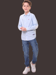 Boys Full Sleeves 100% Cotton Oxford Weave Light Blue Shirt with Back Print – Perfect for Casual Wear and Outings