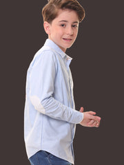 Boys Full Sleeves 100% Cotton Oxford Weave Light Blue Shirt with Back Print – Perfect for Casual Wear and Outings