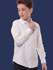 Boys Full Sleeves 100% Cotton Oxford Weave White Shirt with Light Blue Contrast – Perfect for Casual Wear and Outings