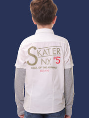 Boys Full Sleeves 100% Cotton White Shirt with Melange Sleeves and Back Print – Ideal for Everyday Adventures