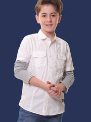 Boys Full Sleeves 100% Cotton White Shirt with Melange Sleeves and Back Print – Ideal for Everyday Adventures