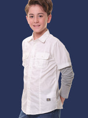 Boys Full Sleeves 100% Cotton White Shirt with Melange Sleeves and Back Print – Ideal for Everyday Adventures