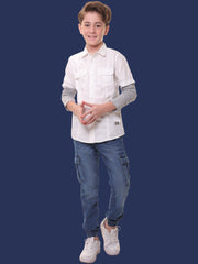 Boys Full Sleeves 100% Cotton White Shirt with Melange Sleeves and Back Print – Ideal for Everyday Adventures