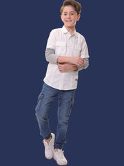 Boys Full Sleeves 100% Cotton White Shirt with Melange Sleeves and Back Print – Ideal for Everyday Adventures