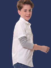 Boys Full Sleeves 100% Cotton White Shirt with Melange Sleeves and Back Print – Ideal for Everyday Adventures