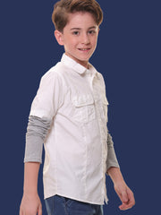 Boys Full Sleeves 100% Cotton White Shirt with Melange Sleeves and Back Print – Ideal for Everyday Adventures