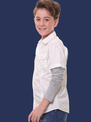 Boys Full Sleeves 100% Cotton White Shirt with Melange Sleeves and Back Print – Ideal for Everyday Adventures