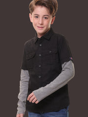 Boys Full Sleeves 100% Cotton Black Shirt with Melange Sleeves and Back Print – Ideal for Everyday Adventures