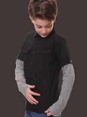 Boys Full Sleeves 100% Cotton Black Shirt with Melange Sleeves and Back Print – Ideal for Everyday Adventures