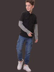 Boys Full Sleeves 100% Cotton Black Shirt with Melange Sleeves and Back Print – Ideal for Everyday Adventures