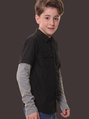 Boys Full Sleeves 100% Cotton Black Shirt with Melange Sleeves and Back Print – Ideal for Everyday Adventures