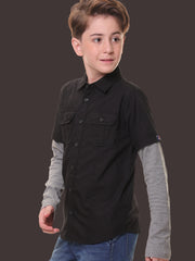 Boys Full Sleeves 100% Cotton Black Shirt with Melange Sleeves and Back Print – Ideal for Everyday Adventures