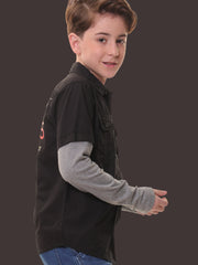 Boys Full Sleeves 100% Cotton Black Shirt with Melange Sleeves and Back Print – Ideal for Everyday Adventures