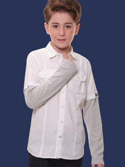 Boys Full Sleeves Stretchable Cotton White Shirt with Melange Light Grey Sleeves and Back Print - Perfect for Every Occasion