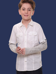 Boys Full Sleeves Stretchable Cotton White Shirt with Melange Light Grey Sleeves and Back Print - Perfect for Every Occasion