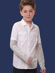 Boys Full Sleeves Stretchable Cotton White Shirt with Melange Light Grey Sleeves and Back Print - Perfect for Every Occasion