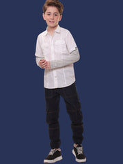 Boys Full Sleeves Stretchable Cotton White Shirt with Melange Light Grey Sleeves and Back Print - Perfect for Every Occasion