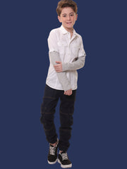 Boys Full Sleeves Stretchable Cotton White Shirt with Melange Light Grey Sleeves and Back Print - Perfect for Every Occasion