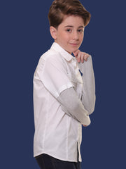 Boys Full Sleeves Stretchable Cotton White Shirt with Melange Light Grey Sleeves and Back Print - Perfect for Every Occasion