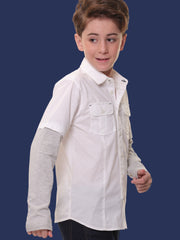 Boys Full Sleeves Stretchable Cotton White Shirt with Melange Light Grey Sleeves and Back Print - Perfect for Every Occasion