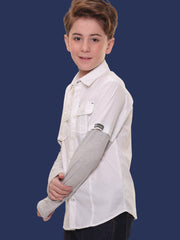 Boys Full Sleeves Stretchable Cotton White Shirt with Melange Light Grey Sleeves and Back Print - Perfect for Every Occasion