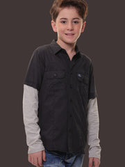 Boys Full Sleeves Stretchable Cotton Navy Shirt with Light Grey Melange Sleeves and Back Print – Ready for Every Action