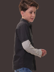 Boys Full Sleeves Stretchable Cotton Navy Shirt with Light Grey Melange Sleeves and Back Print – Ready for Every Action