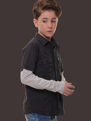 Boys Full Sleeves Stretchable Cotton Navy Shirt with Light Grey Melange Sleeves and Back Print – Ready for Every Action