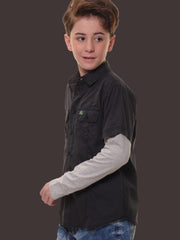 Boys Full Sleeves Stretchable Cotton Navy Shirt with Light Grey Melange Sleeves and Back Print – Ready for Every Action