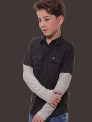 Boys Full Sleeves Stretchable Cotton Navy Shirt with Light Grey Melange Sleeves and Back Print – Ready for Every Action