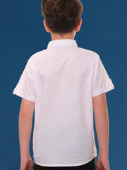 Boys Half Sleeves Linen Cotton Pure White Shirt with Embroidery and Sleeve Tabs – Ideal for Summer Casuals