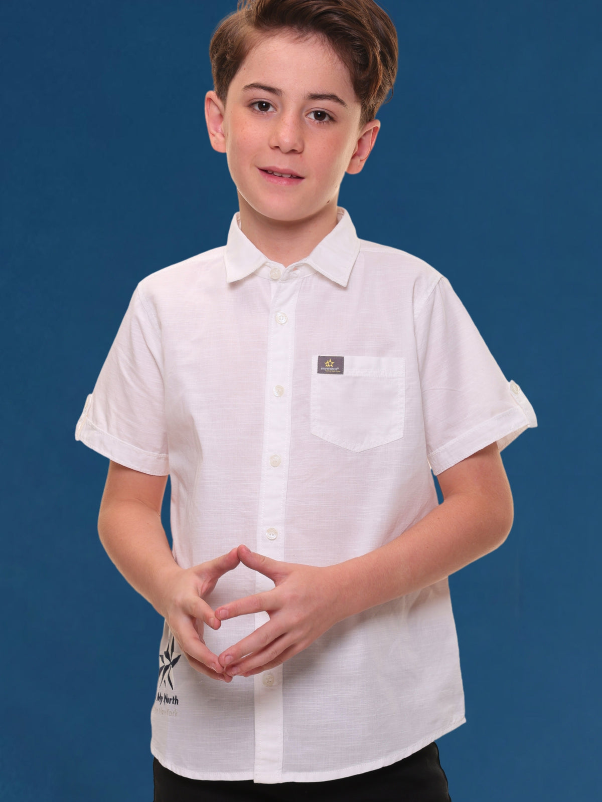 Boys Half Sleeves Linen Cotton Pure White Shirt with Embroidery and Sleeve Tabs – Ideal for Summer Casuals