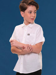 Boys Half Sleeves Linen Cotton Pure White Shirt with Embroidery and Sleeve Tabs – Ideal for Summer Casuals