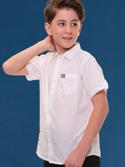 Boys Half Sleeves Linen Cotton Pure White Shirt with Embroidery and Sleeve Tabs – Ideal for Summer Casuals