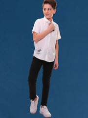 Boys Half Sleeves Linen Cotton Pure White Shirt with Embroidery and Sleeve Tabs – Ideal for Summer Casuals