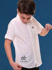 Boys Half Sleeves Linen Cotton Pure White Shirt with Embroidery and Sleeve Tabs – Ideal for Summer Casuals