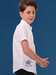 Boys Half Sleeves Linen Cotton Pure White Shirt with Embroidery and Sleeve Tabs – Ideal for Summer Casuals