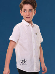 Boys Half Sleeves Linen Cotton Pure White Shirt with Embroidery and Sleeve Tabs – Ideal for Summer Casuals