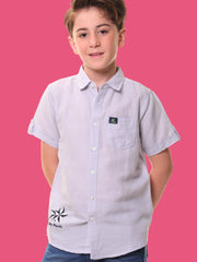 Boys Half Sleeves Linen Cotton Light Sky Blue Shirt with Embroidery – Perfect for Summer Adventures